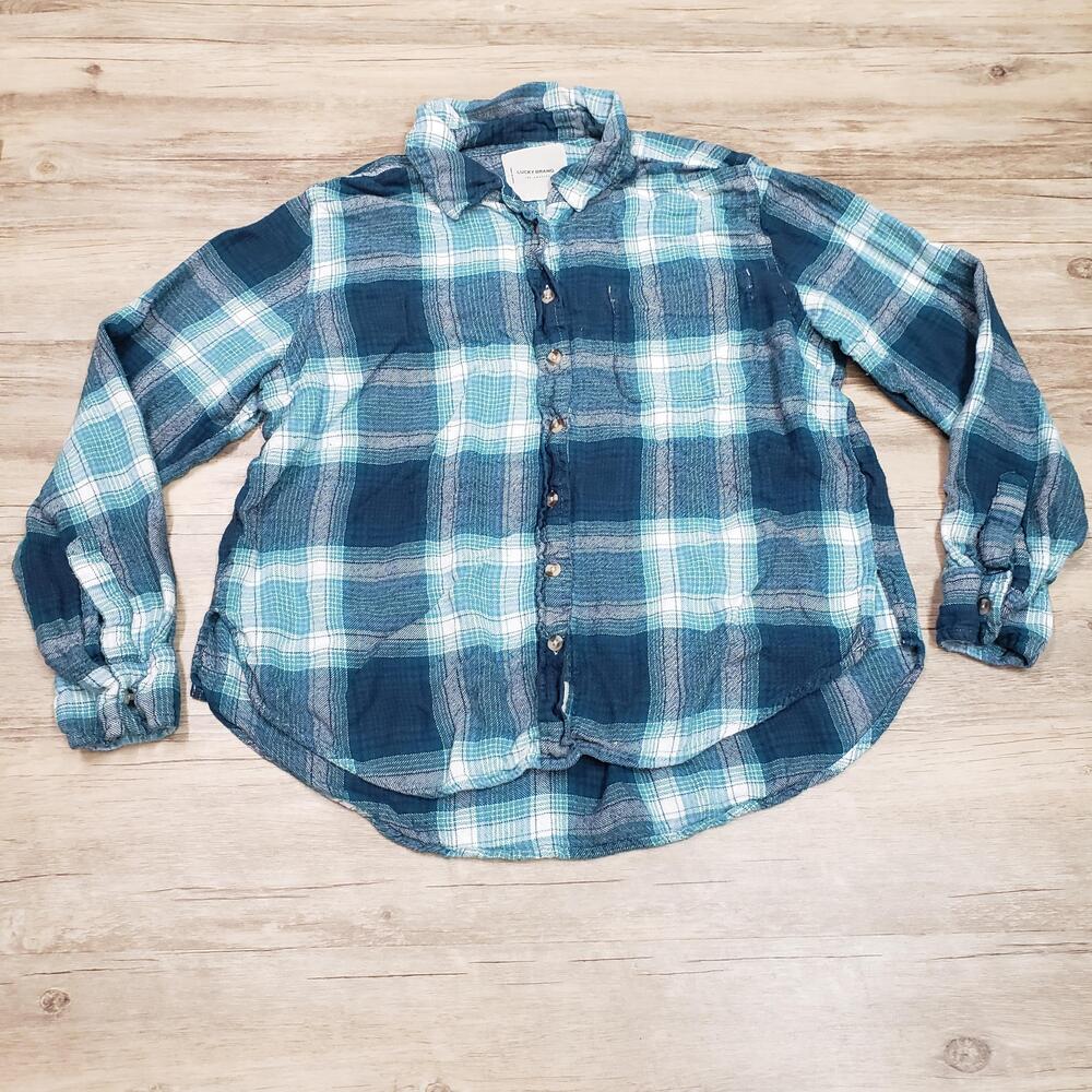 Lucky Brand Shirt Womens Medium Blue Plaid Button Front Long Sleeve Viscose
